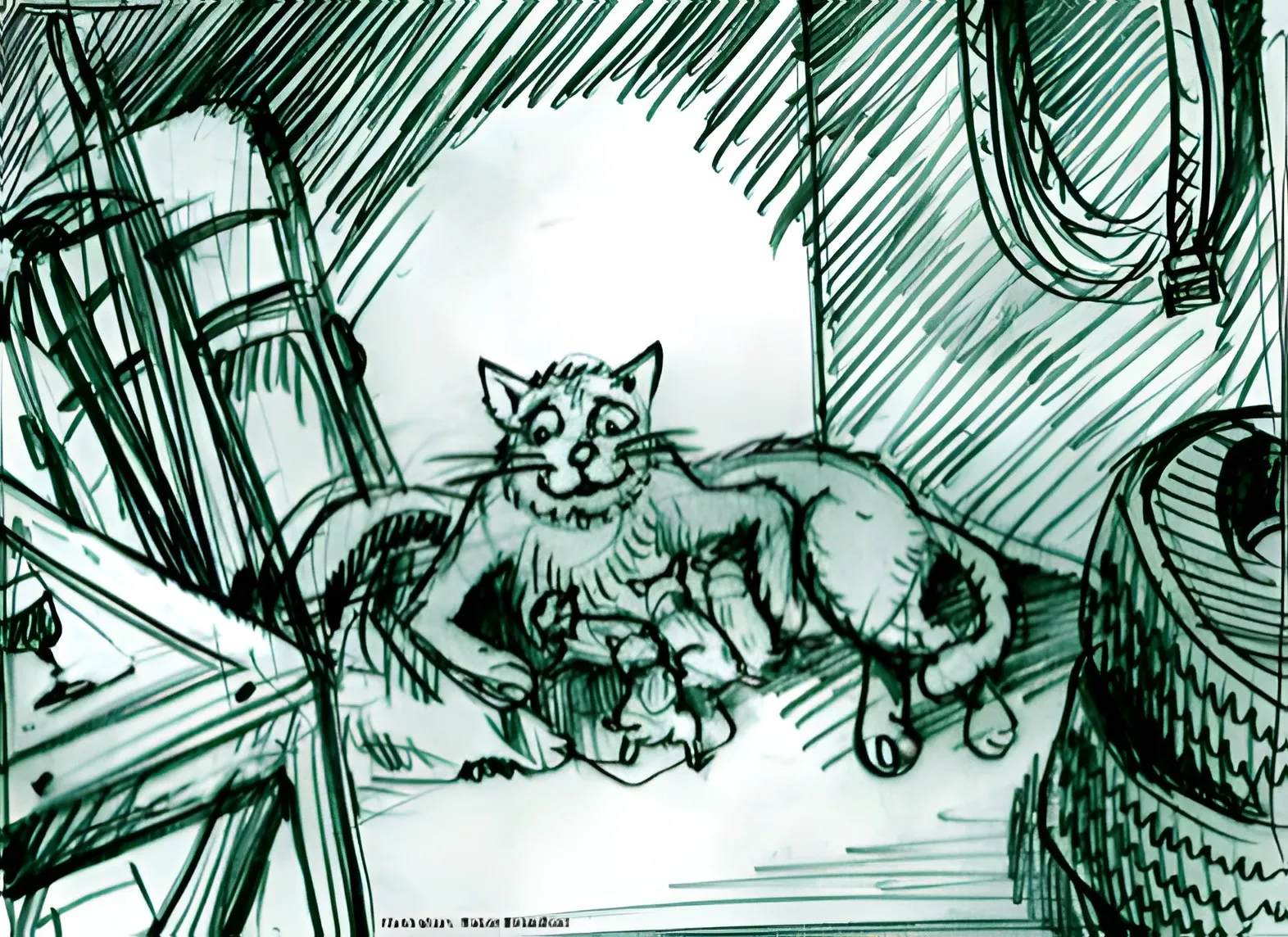 Zeichnung: Eine Katze liegt mit ihren Neugeborenen ungestört in einer dunklen, ruhigen Ecke.